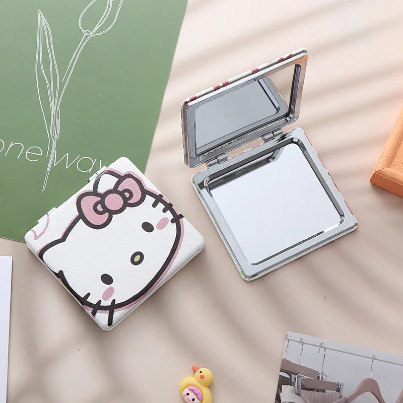 Kawaii Makeup Mirrors Hello Kitty Cartoon Ins Double-sided Mirror Frame PU Leather Cover Carry Folding Mirror Gift