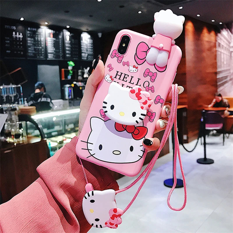 3D Hello Kitty Phone Holder Cartoon Case For iPhone 16 15 14 Plus 13 12 11 Pro Max Mini Toy With Strap Rope Lanyard Cover