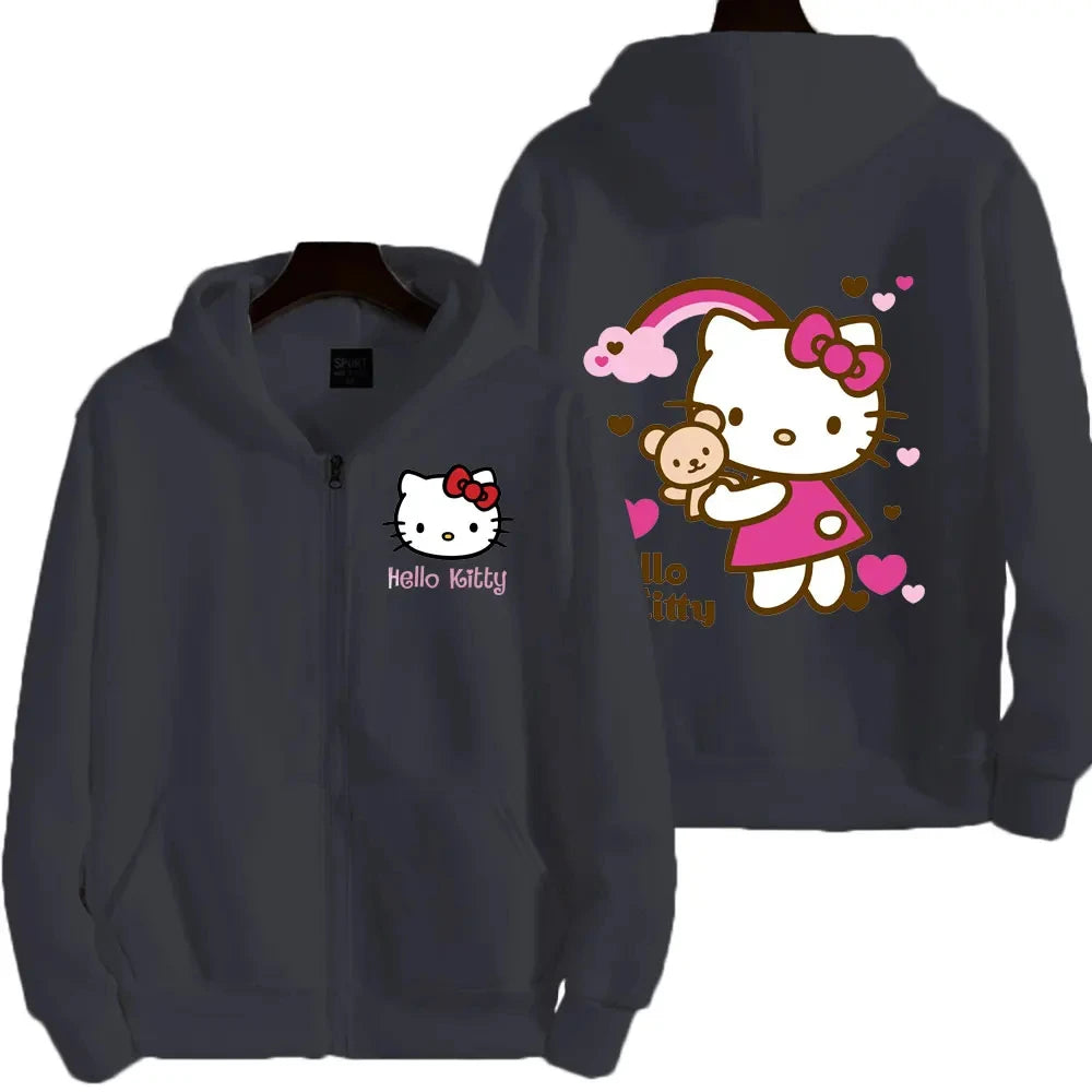 Women's Zipper Hoodie Autumn and Winter New Cute Kawaii Hello Kitty Pattern Sweatshirt 2025 Streetwear Women's Clothing