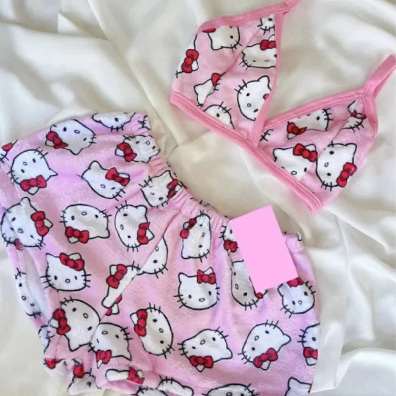 2Pcs Hello Kitty Pajamas Pants Sanrio Women Home Shorts Set Girl's Sexy Plush Pajamas Kawaii Summer 2024 Women's Clothing