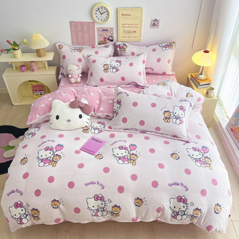 Double Sided Velvet Bedding Set Melody Kuromi Hello Kitty Winter Flannel Single Double Queen King Quilt Cover Bed Sheet