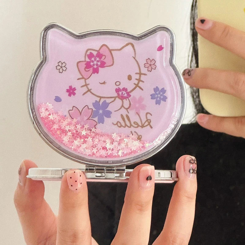 Kawaii Hello Kitty Double-Sided Makeup Mirror Portable Quicksand Sequins Cartoon Girl Gift Pocket Double-Sided Makeup Mirror