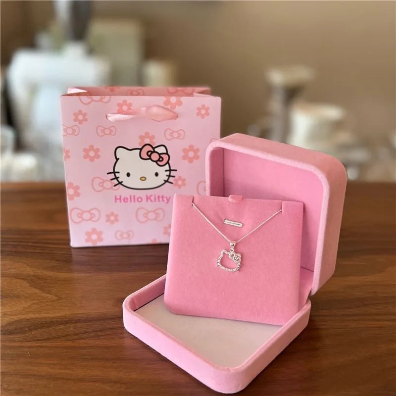 Hello Kitty Sanrio Pink Crystal Necklace Silver Alloy Anime Jewelry Chain Female Charm Valentine Accessories Girl Gift