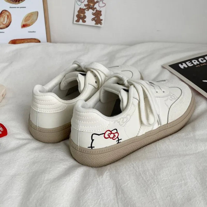 New Autumn and Spring Trend Cute White Hello Kitty Shoes Women's Versatile Cute Embroidery Sneakers Lace-up Training Board Shoes