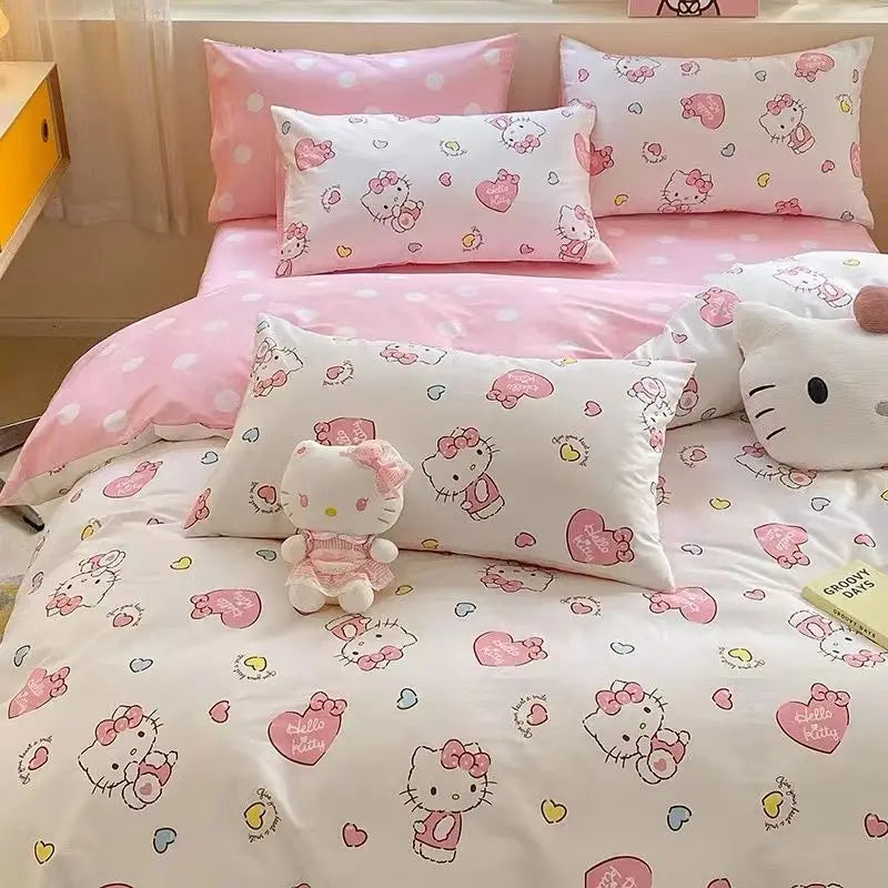 4Pcs/set Kawaii Anime Cartoon Hello Kitty Bedding Quilt Cover Student Bedding Soft Microfiber Bedspread Lightweight Coverlet