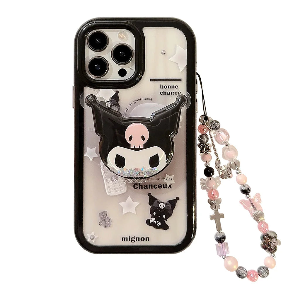 Cute Cartoon Anime Role Kulomi Bracket Phone Cases for IPhone 11 12 13 14 15 Pro Max Soft Anti-fall Protect Cover with Lanyard