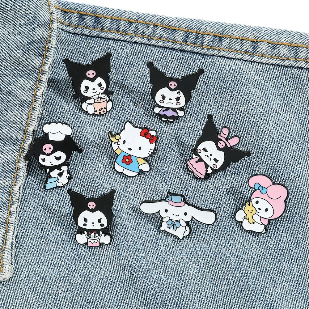 8 Pcs Animal Hello Kitty Brooch  Angry Princess Kulomi Melody Lapel Pin Fashion Cinnamon Metal Badge Backpack Clothing Jewelry