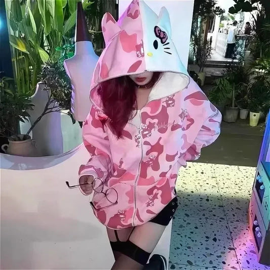 Cartoon Hello Kitty Hooded Zipper Sweater Kawaii Y2K Couple Cardigan pure cotton Camouflage Jacket Trendy Christmas Gift