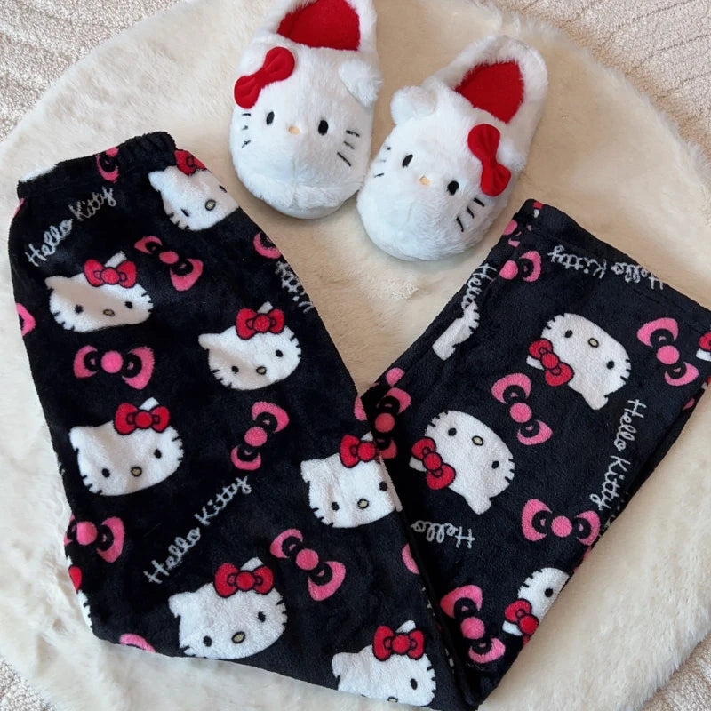 Sanrio Hello Kitty Pajamas Pants Black Pink Anime Flannel Women Warm Woolen White Cartoon Casual Home Pant Autumn Grils Trousers