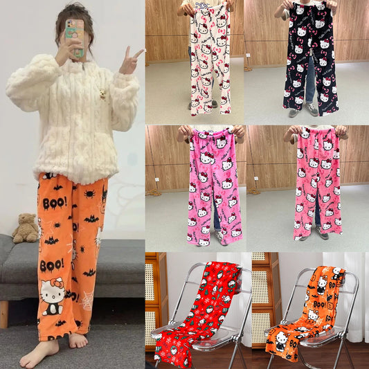 Halloween sanrio Cartoon clothing Christmas Children's Sleepy Pants Winter plush pants Hello Kitty Home Clothing Holiday gifts