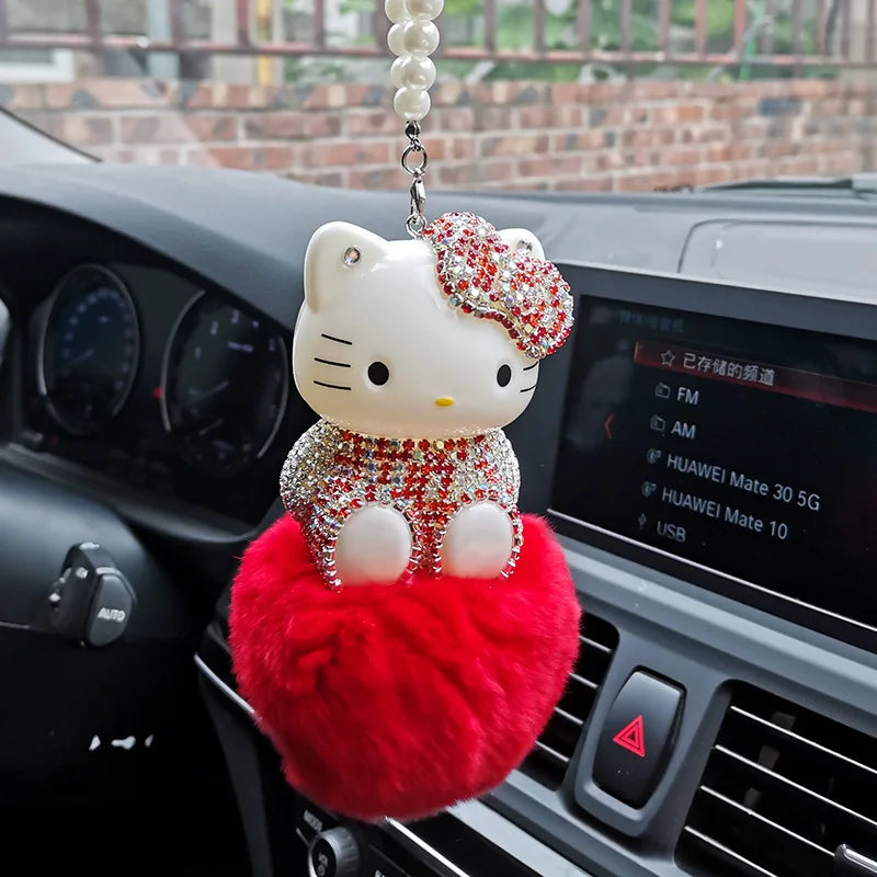 Kawaii Hello Kittys Plush Car Pendant Anime Kt Cat Hairball Diamond Ornaments Rear View Mirror Pendant Car Decor Accessories