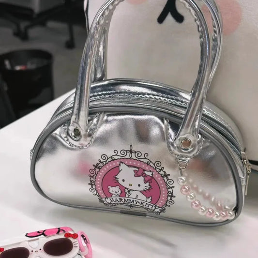 Hello Kitty Women Handbag Silver Small Vintage Summer Fashion Leather Boston Bag Pearl Sweet Cute Kawaii Cartoon Female Bag