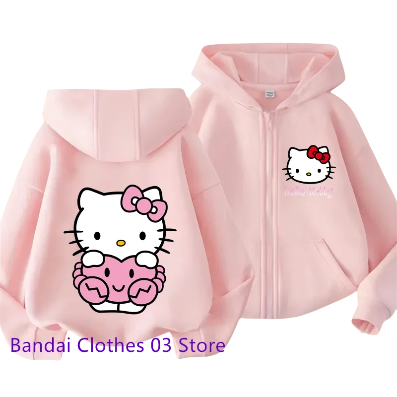 Cute Hello Kitty New Pin Zipper Hoodie Girls Sweatshirt Autumn/Winter Long Sleeve Jacket Harajuku Jumper Pin Casual Hoodie Top