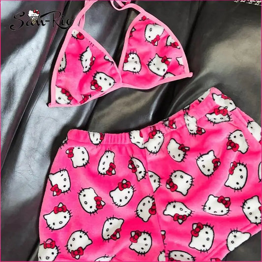 Sanrio Hello Kitty Women's Pajamas Set Sleepwear 2Pcs Short Tank Tops and Shorts Sexy Plush Homewear Women Pajamas Bra Sets