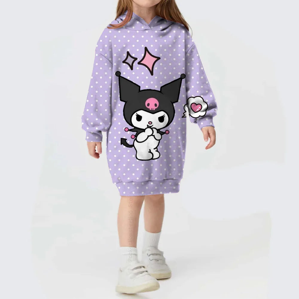 Toddler Kids Hello Kitty Kuromi print Hoodies Dresses for Girls Loose Casual Long Dress Infant Children O Neck Outfits Dress