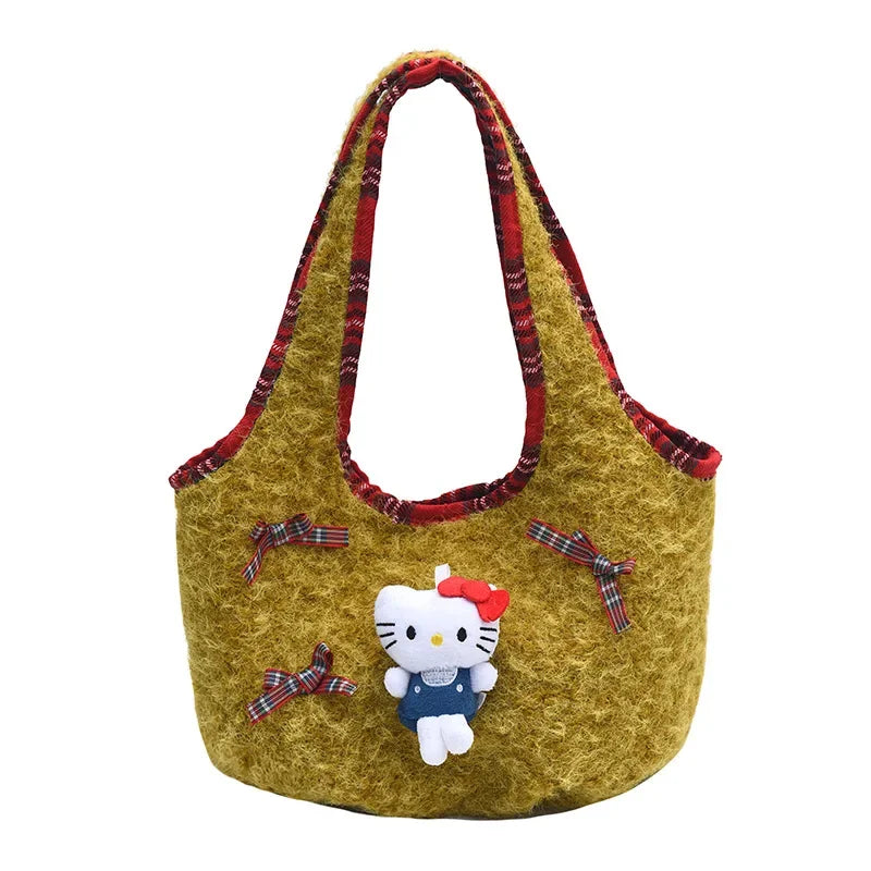 Handheld Hello Kitty Cartoon Bucket Bag for Girls Retro Fashion Trendy Lamb Wool Single Shoulder 2024 Winter New Style Premium