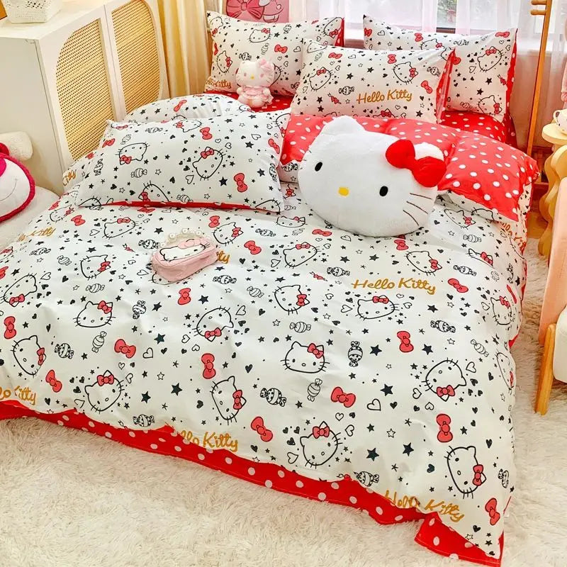 Cute Hello Kitty simple and sweet cartoon printed soft and comfortable pure cotton bed sheet and quilt cover three-piece set