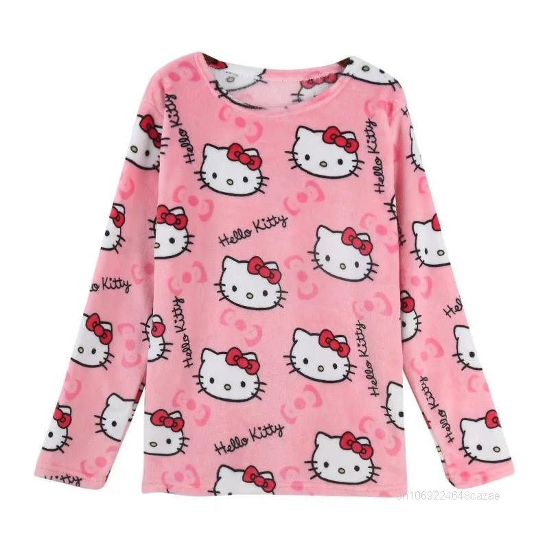 Sanrio Hello Kitty Women Autumn Winter Pajamas Thickened Flannel New Cartoon Home Suit Set Japanese Style Casual Trend Sleepwear