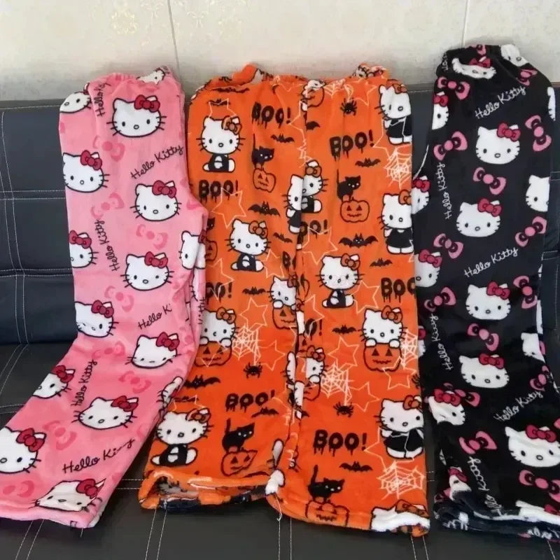 Anime Sanrioed HelloKitty Y2k Sanrioed Pajamas Pants Women Pjs Halloween Household Dress Kawaii Woolen Cartoon Casual Home Pants