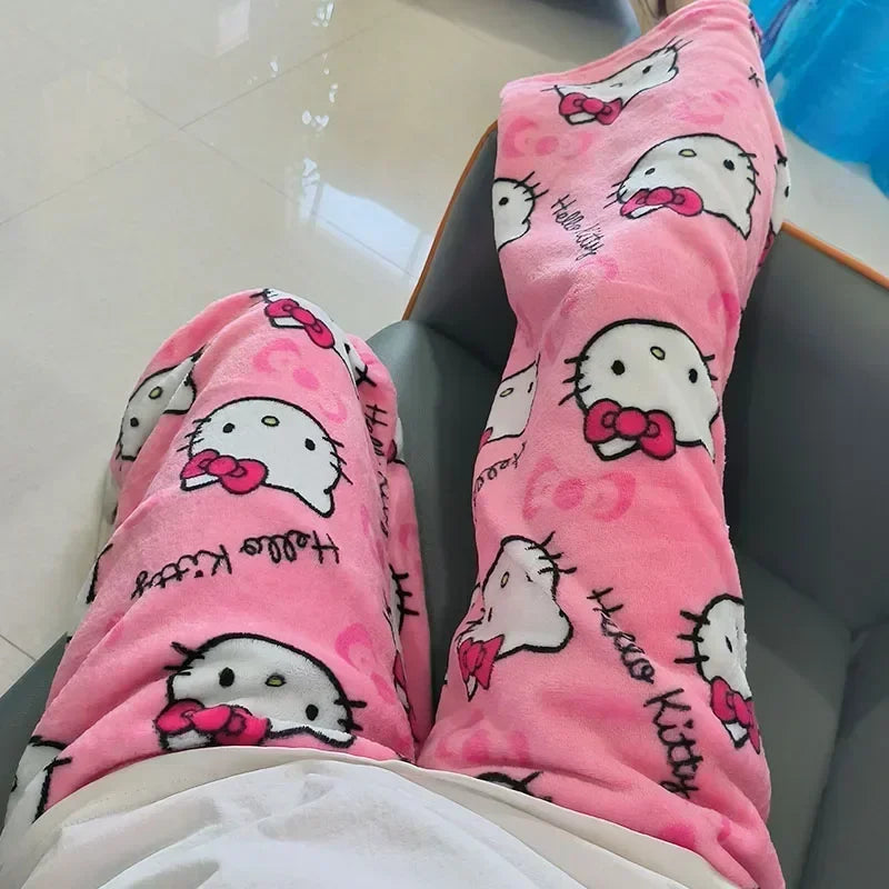 Hello Kitty Pajama Set Sanrio Pajama Pants Jacket Anime Fleece Double Elastic Fabric Soft Trousers Women Cartoon Birthday Gift