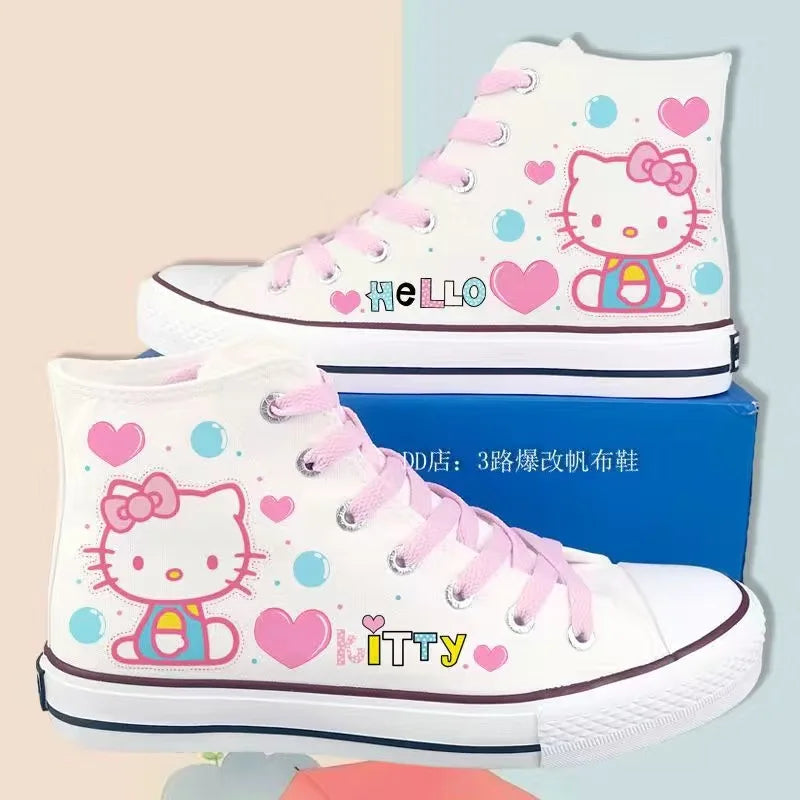 Kitty Lolita Shoes High Top Canvas Shoes for Women Hello Kitty Printed Student Casual Flat Sneakers 2024 New Women Shoes