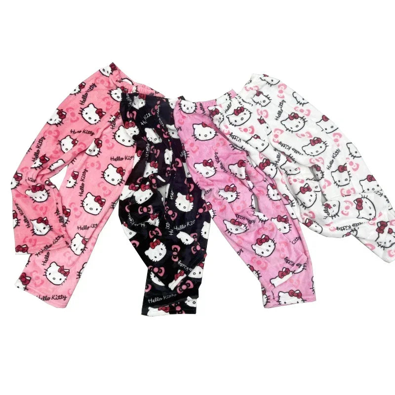 2024 Sanrio Hello Kitty Pajamas Halloween Flannel Fashion Trouserswomen Kawaii Woolen Anime Cartoon Casual Home Pants Autumn