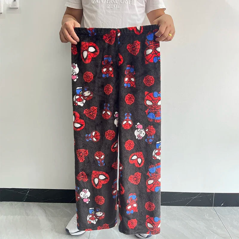 Cotton Velvet Hello Kitty Spider-man Unisex Loose Pajama Set with Long Pants Comfortable Fit, Perfect for Sleep Casual Home Wear