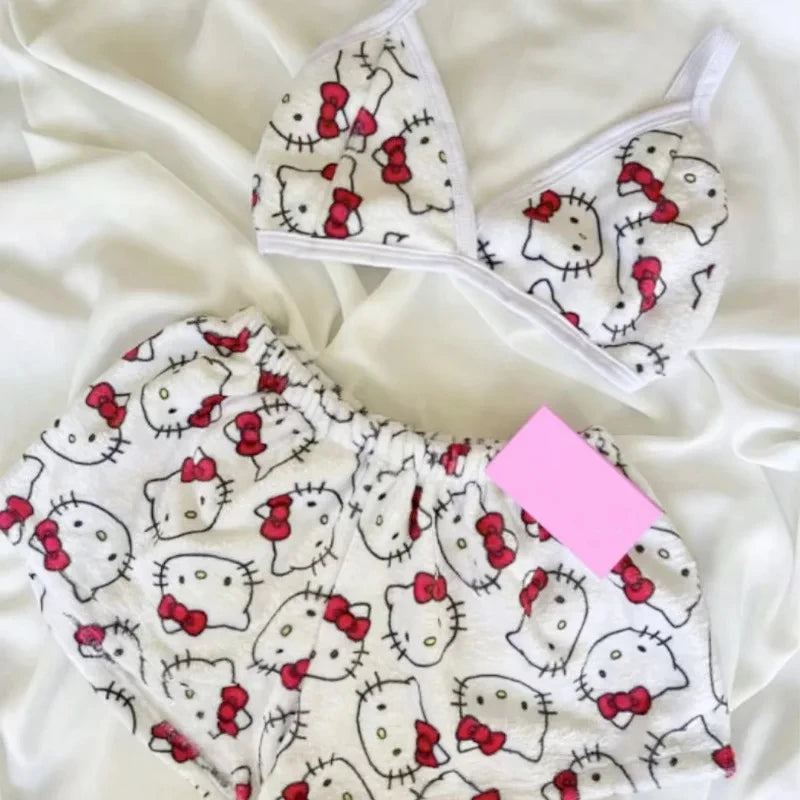 2Pcs Hello Kitty Pajamas Pants Sanrio Women Home Shorts Set Girl's Sexy Plush Pajamas Kawaii Summer 2024 Women's Clothing