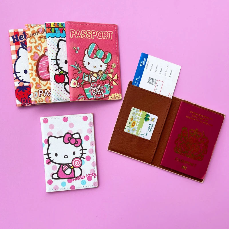 Cartoon HELLO KITTY Travel Passport Cover Wallet Unisex Business Multifunction Credit Card Purse Women's Organizer Passport Case