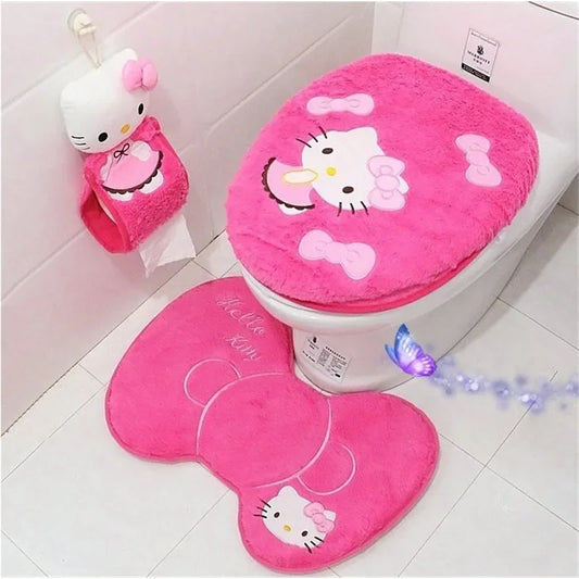 Anime Hello Kitty Toilet Seat Cushion Three Pieces Set Restrooms Universal Winter Household Plush Toilet Seat Cover gift