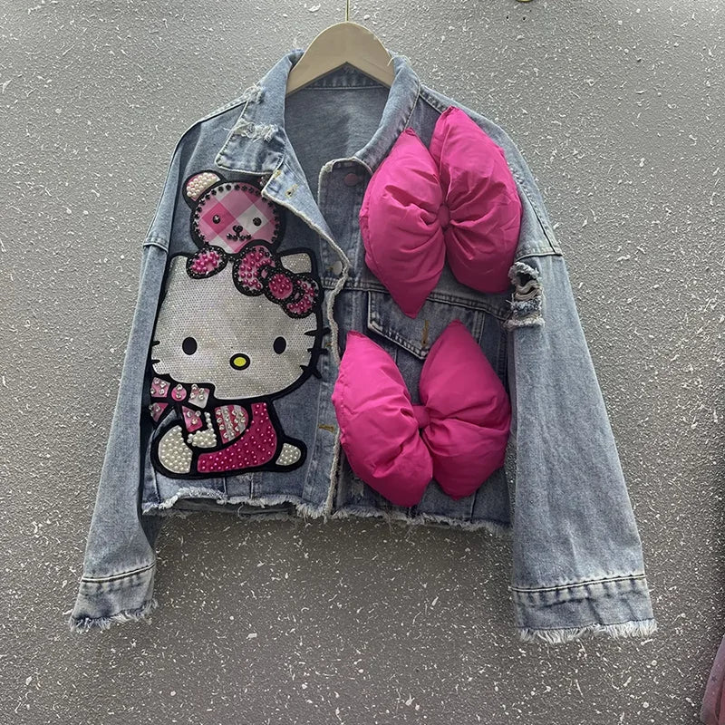 Hello Kitty Cartoon Denim Jacket Women Spring Autumn Sanrio Anime 2025 New Fashionable Coat