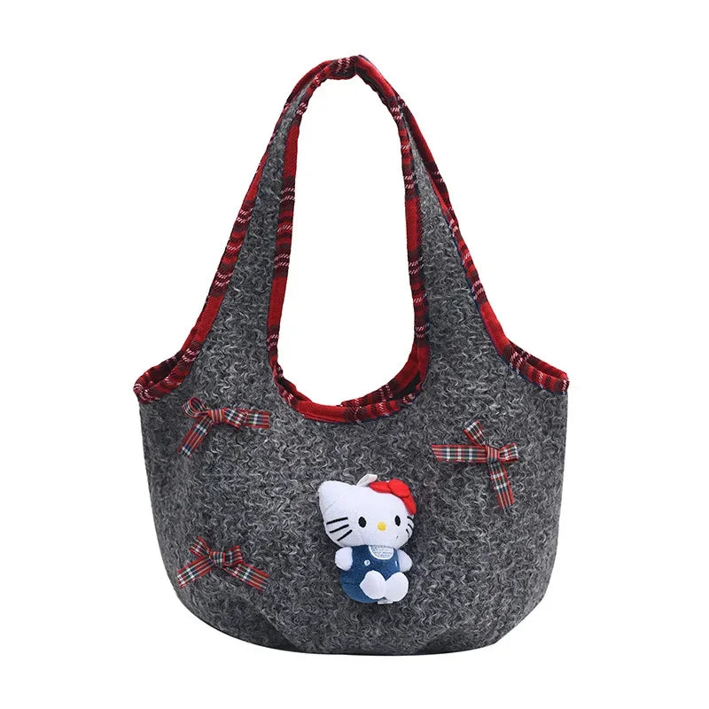 Handheld Hello Kitty Cartoon Bucket Bag for Girls Retro Fashion Trendy Lamb Wool Single Shoulder 2024 Winter New Style Premium