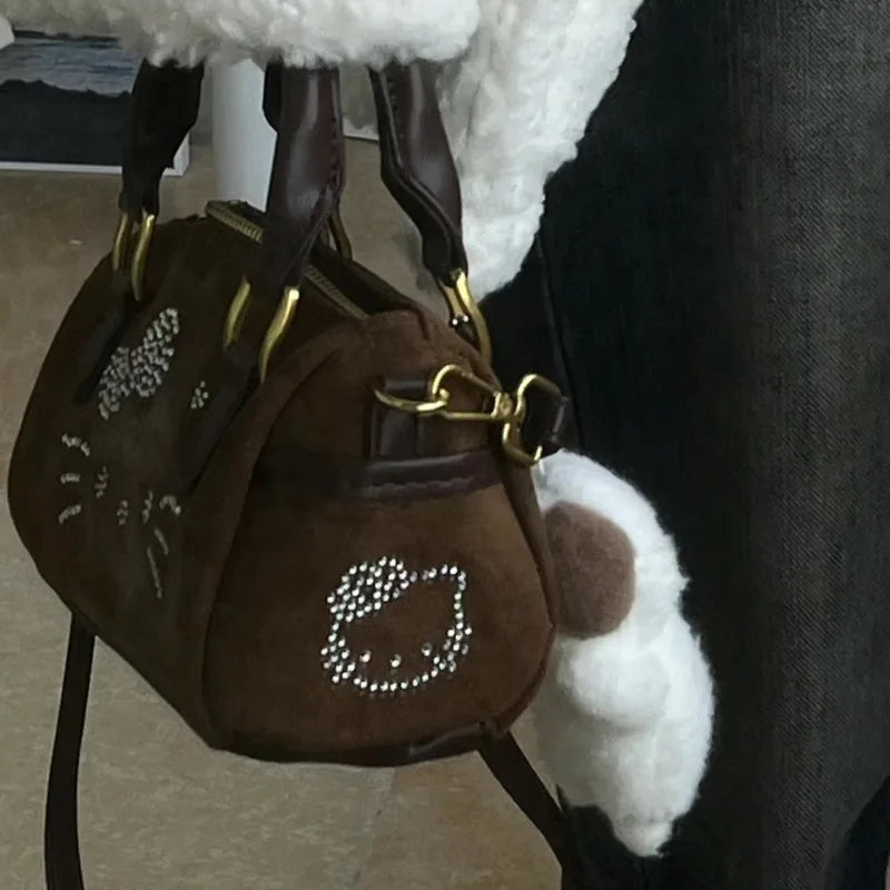 Y2k Hello Kitty Shoulder Bag for Women Vintage Cute Brown Barrel-shaped Handbag Fashion Kawaii New Female Aesthetic Bags