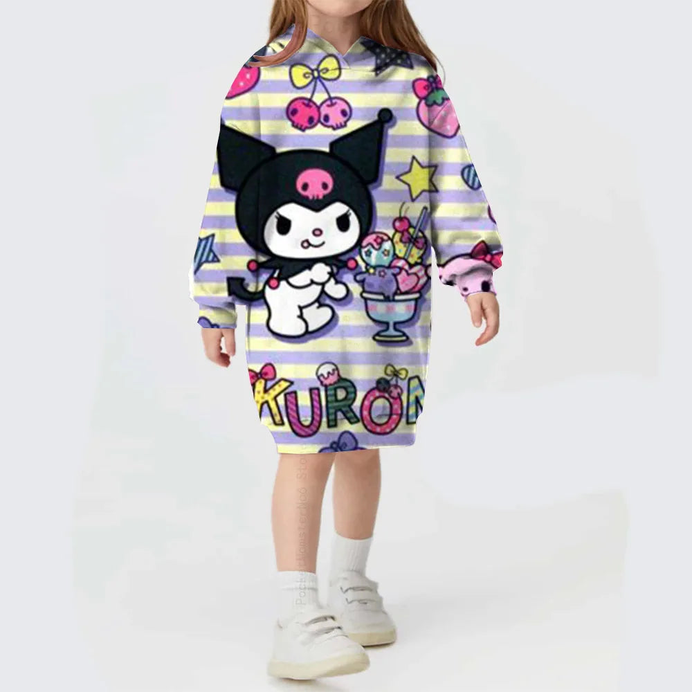 Winter Autumn Kids Girl Dress Hooded Children's Clothing Hello Kitty Kuromi print Loose Dress Long Sleeve Toddler Girl Outerwear