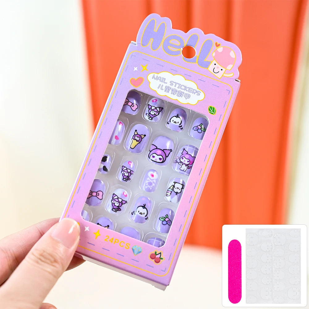 24Pcs Cartoon Hello Kitty Press on Nails Sanrio Series Pink/Blue/Purple Kuromi Kawaii Fake Nail for 6 years+ School Girl