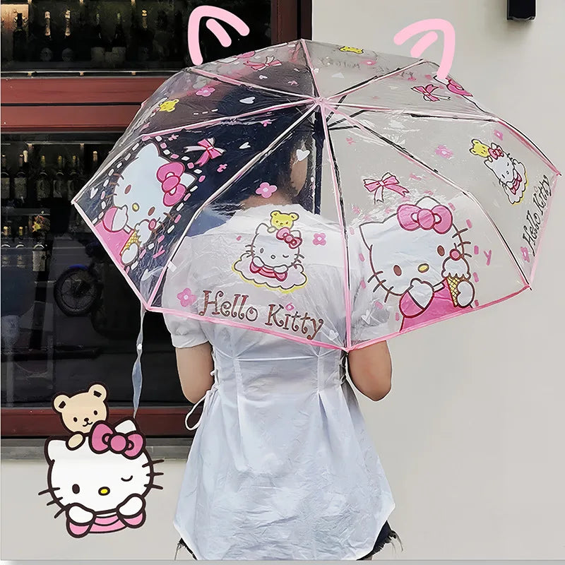 Anime Hello Kitty Umbrella Manual Automatic Cartoon Folding Umbrella Portable Transparent Student Umbrella Girl Gifts