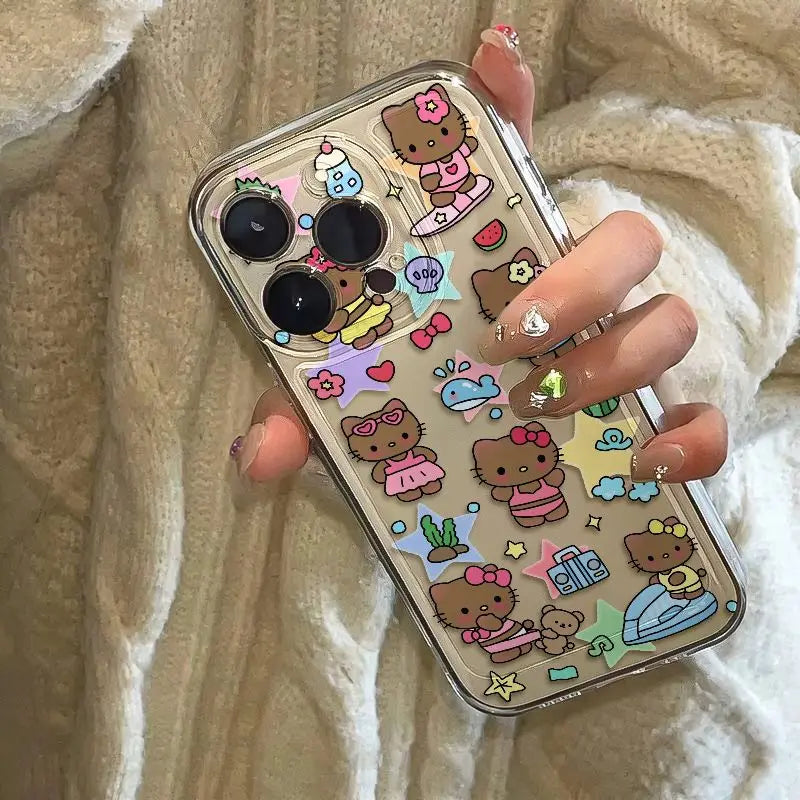 Hello Kitty Full Screen Black Skin KT Phone Case For iPhone 16 15 14 13 12 11 Pro Max XS Max 7 8 Plus Transparent Cover