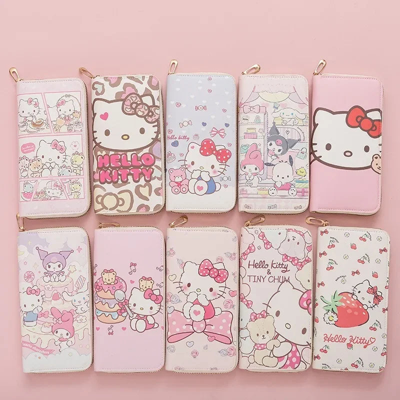 Hello Kitty Purse Long Zipper Texture Student Card Bag Large Capacity Coin Purse Kawaii KT Cute Bank Card Bag Storage Bag