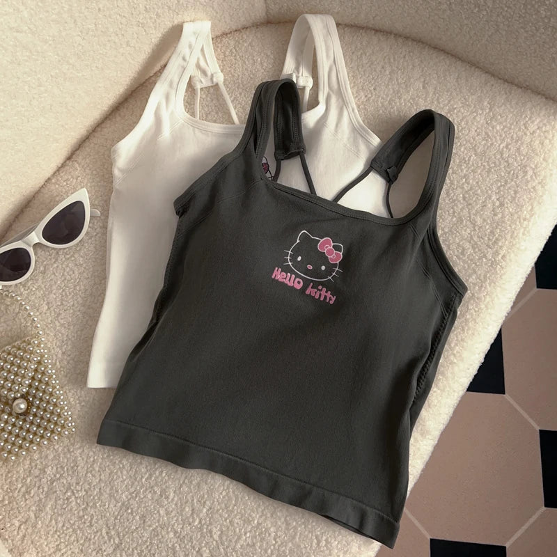 Sanrio HelloKitty Fashion Clothing  Y2K Top with Breast Pad Cute Top Girl Summer Cool Cropped Top White Sexy Suspender Girl Gift