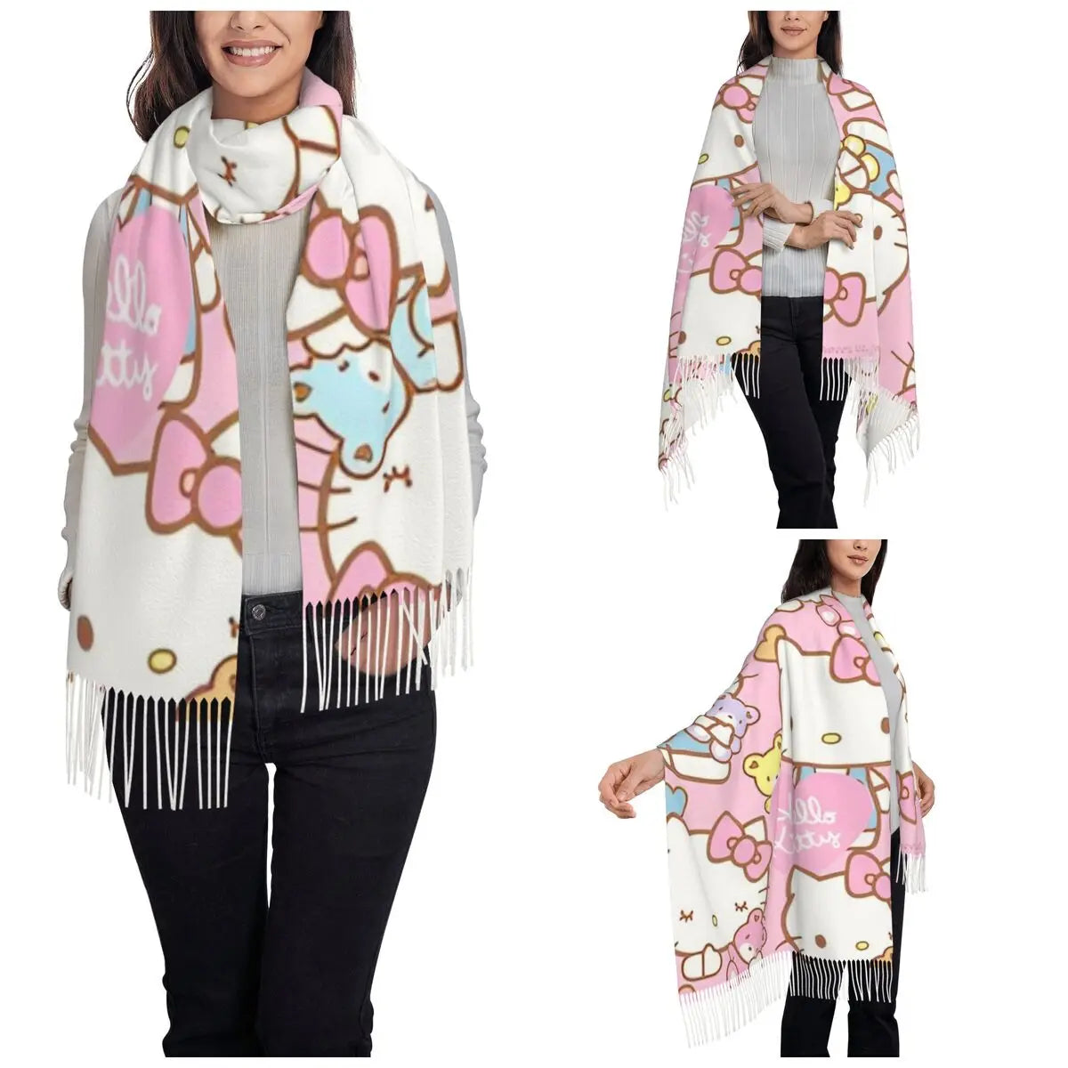 Women's Scarf with Tassel Hello Kitty Cartoon Long Winter Fall Shawl and Wrap Gifts Cashmere Scarf