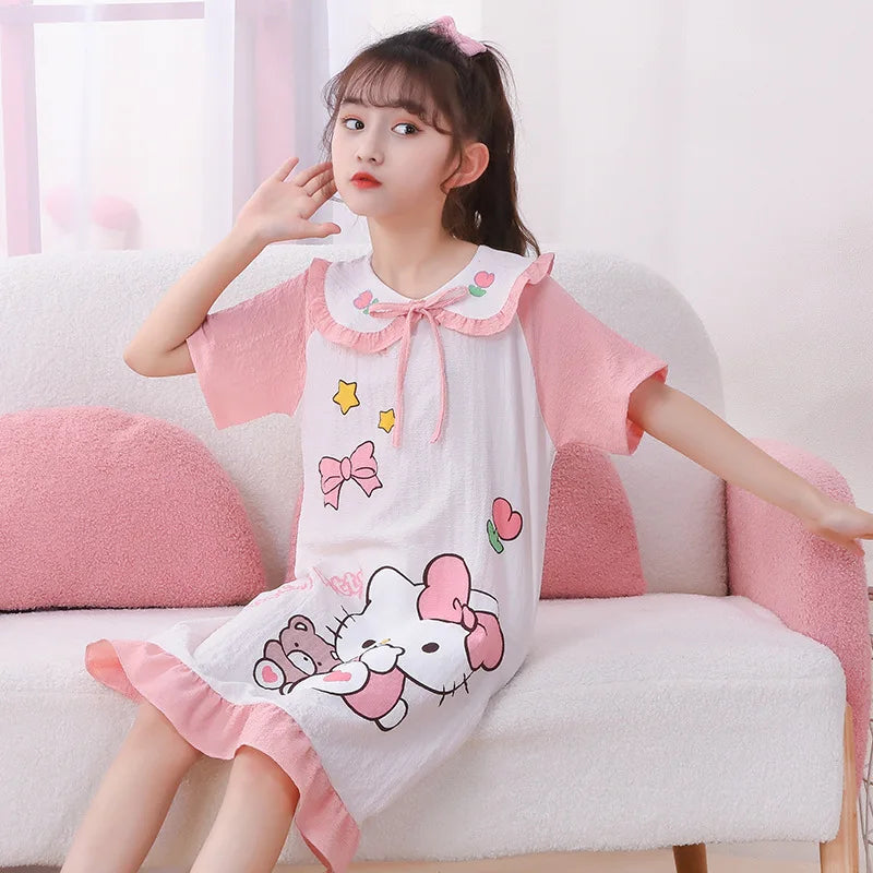 Girl's Summer Pajamas Hello Kitty Kuromi Children's Dress Pochacco Anime Cartoon House Clothing Short Sleeved Cute Skirt