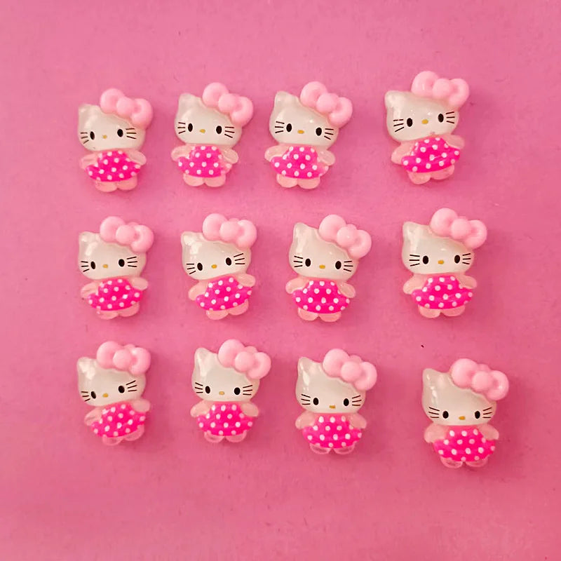 10Pcs Pink Bow Transparent Hello Kitty Nail Charms Accessories Cartoon Resin Flatback DIY Jewelry Decoration