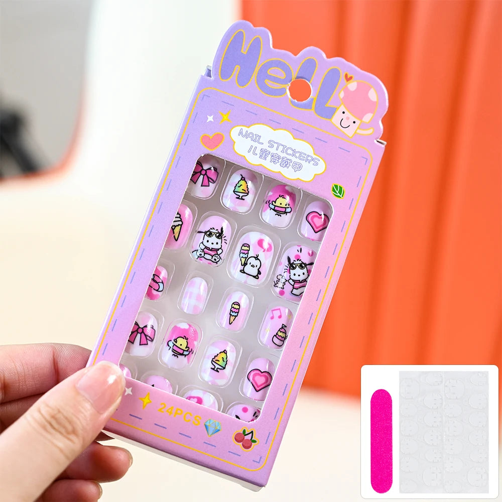 24Pcs Cartoon Hello Kitty Press on Nails Sanrio Series Pink/Blue/Purple Kuromi Kawaii Fake Nail for 6 years+ School Girl