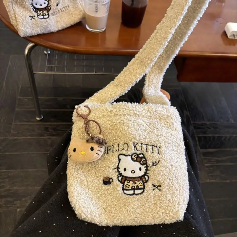 Hello Kitty Womens Shoulder Bag Small Soft Cute Cartoon Korean Popular Bag Plush Embroidery Kawaii Female Crossbody Bag