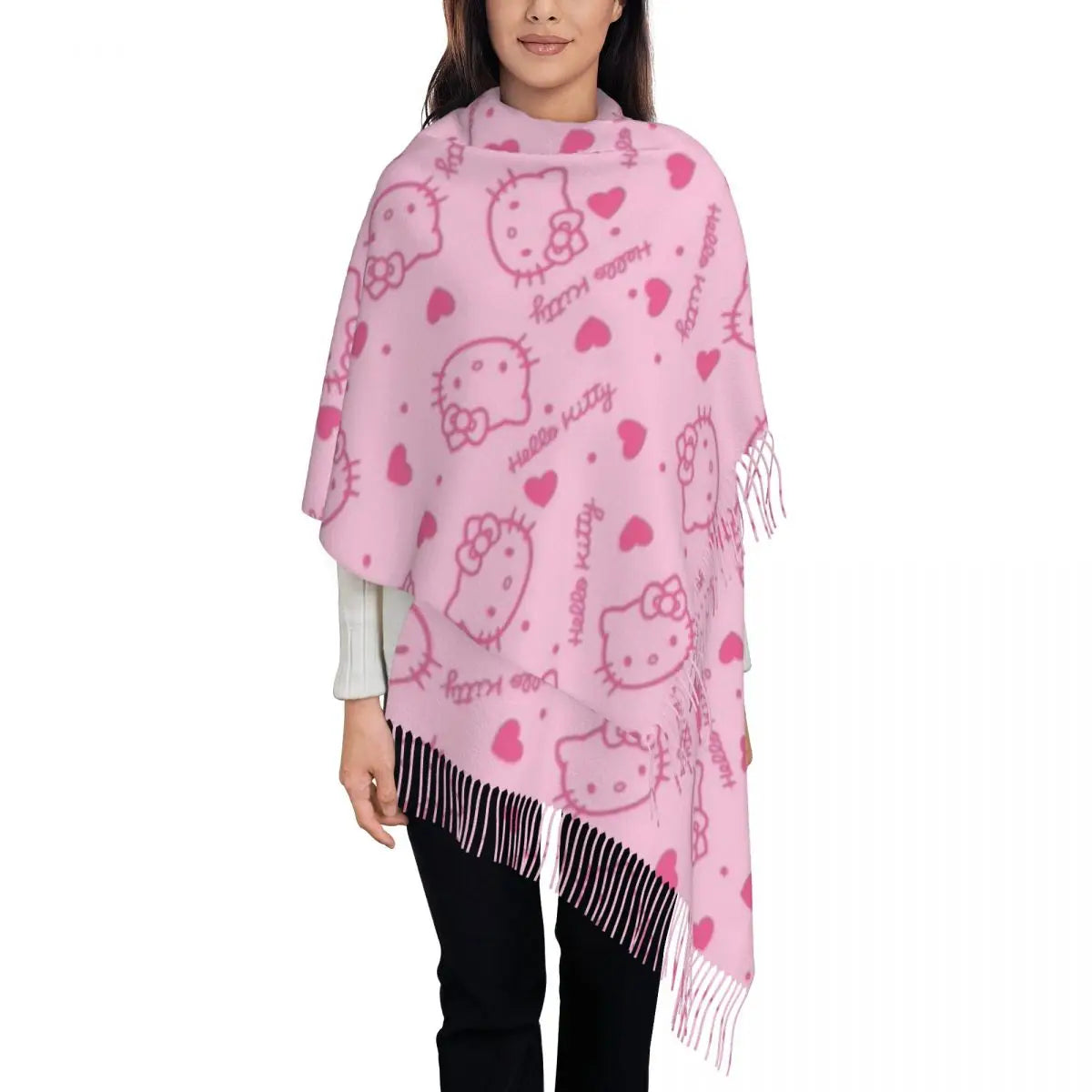 Customized Lady Long Hello Kitty Pattern Scarves Women Winter Fall Thick Warm Tassel Shawl Wraps Sanrio Scarf