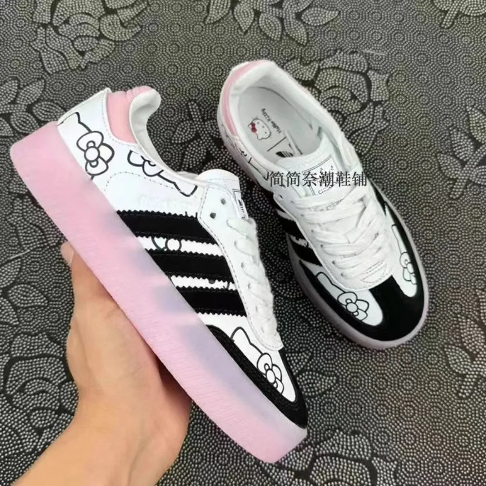 Hello Kitty Sneakers with Prints Fashionable Color Blocking Stripes Casual Shoes Anime Students Anti Slip Couple Shoes