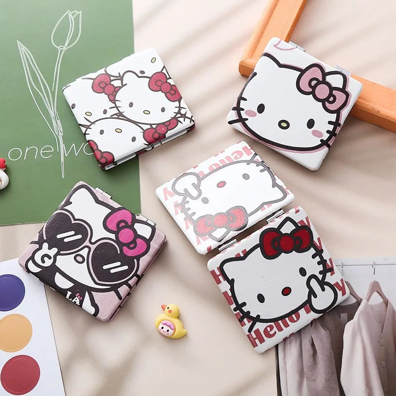 Kawaii Makeup Mirrors Hello Kitty Cartoon Ins Double-sided Mirror Frame PU Leather Cover Carry Folding MiNi Mirror Gift