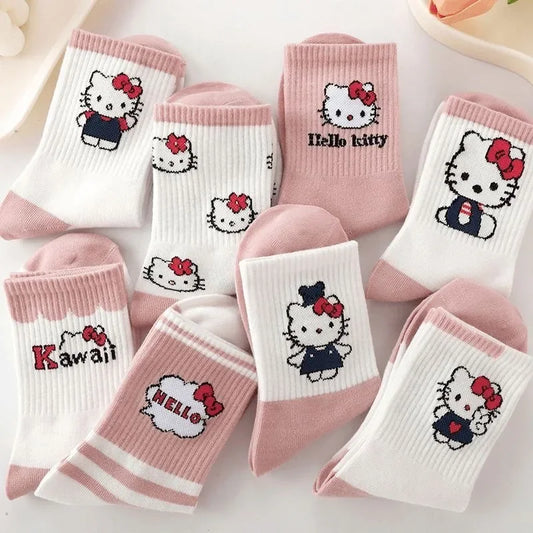 Cartoon Hello Kittys Kuromi Socks Ins Girl's Heart Kawaii Warm and Versatile Four Seasons Medium Socks Gifts