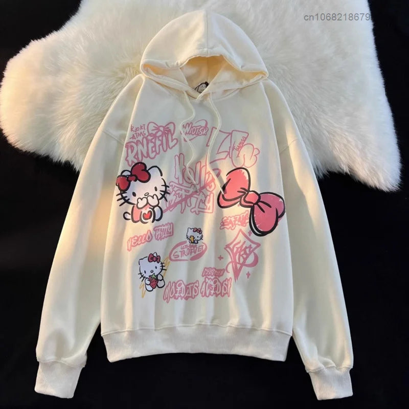 Hello Kitty New Print Tops Hooded Women Men Autumn Winter Aesthetic Loose Sweatshirts Y2k Cute Pullovers Fashion Clothes