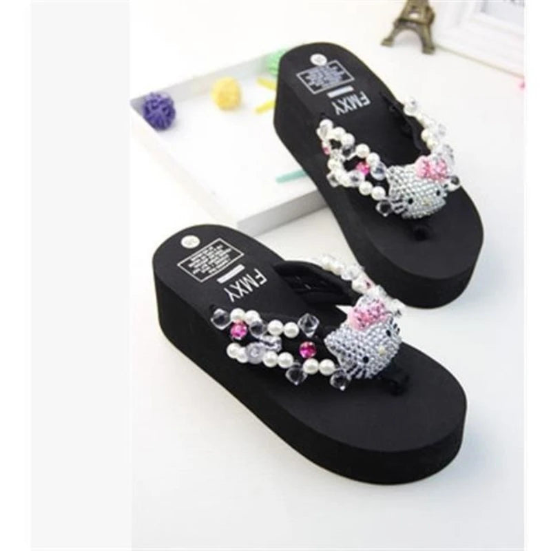 Kawaii Hello Kitty Soft Flip Flop Sandals Beach Slides Shoes Women Casual Wedge High Heels Platform Slippers Ladies